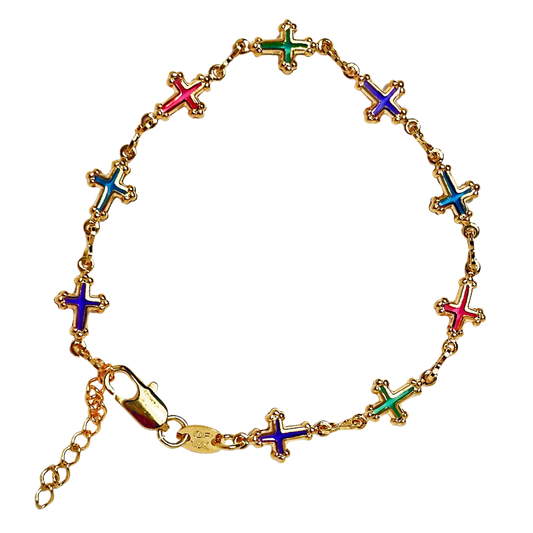 Cross Jewel-Toned Glass Gold Filled Bracelet