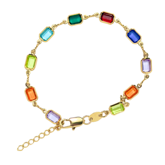 Bold Rectangle Jewel-Toned Glass Gold Filled Bracelet