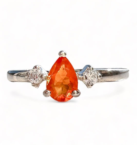 Dark Orange Mexican Fire Opal + Cubic Zirconia Sterling Silver Ring