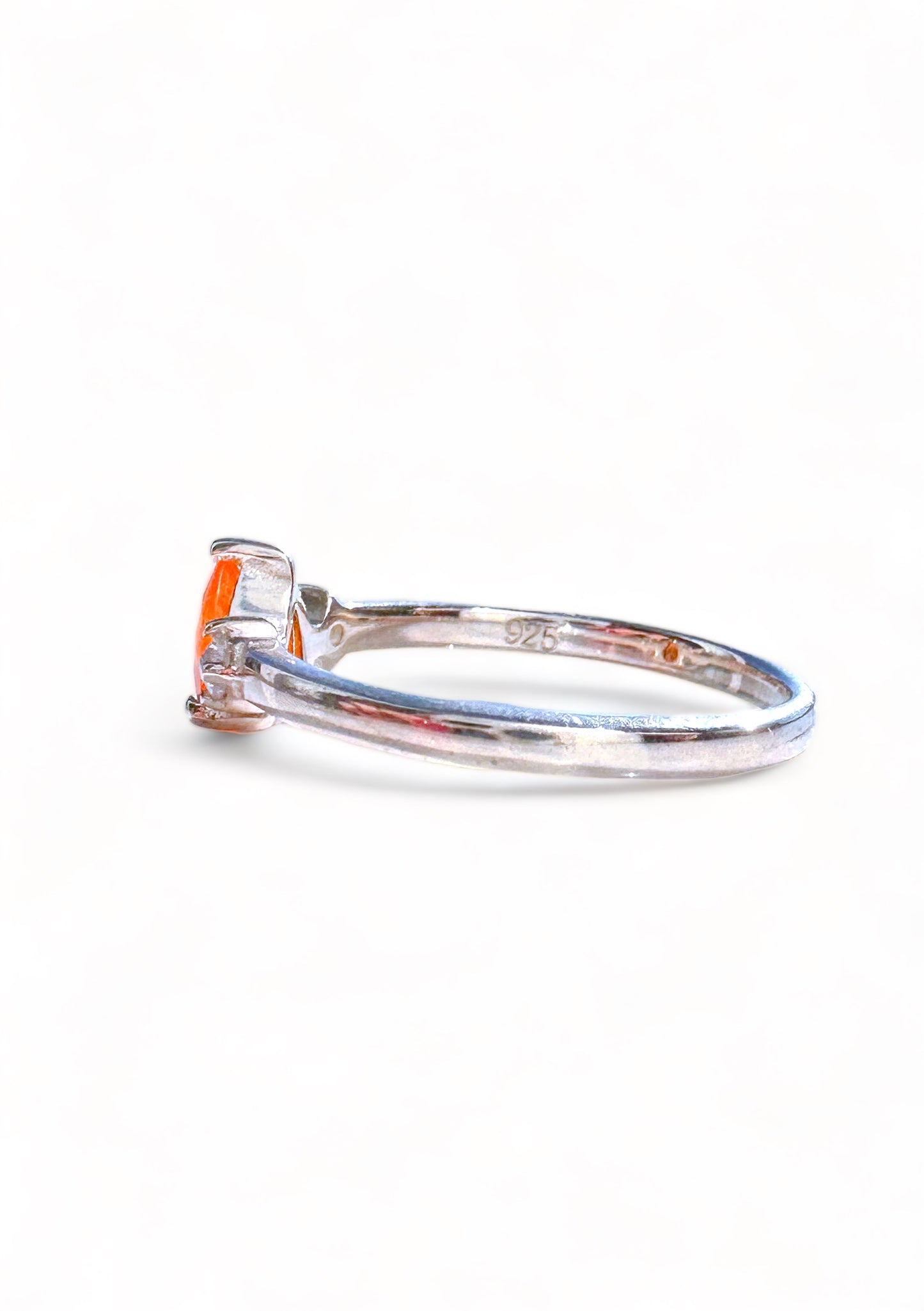 Dark Orange Mexican Fire Opal + Cubic Zirconia Sterling Silver Ring